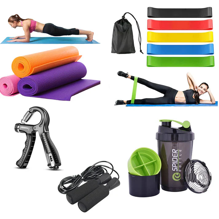 Gym Starter Pack  Includes: Resistance Band Set, Water Bottle, Jump Rope